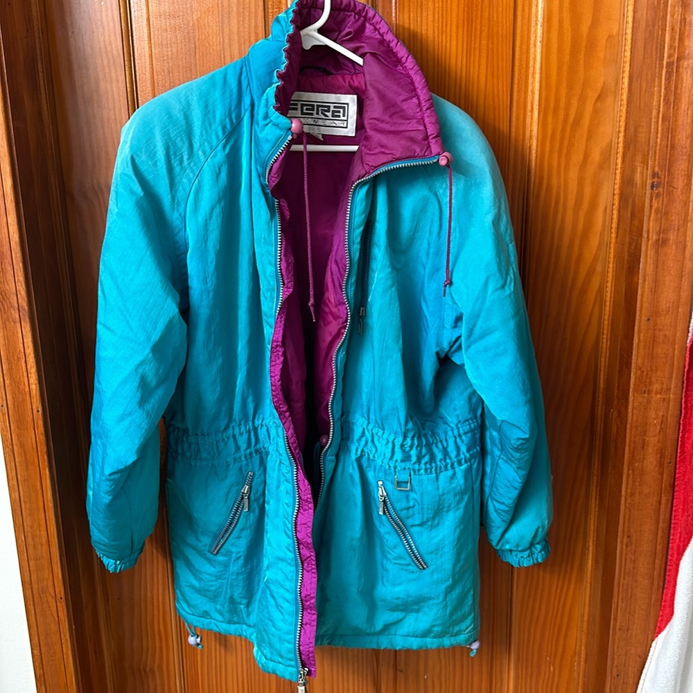 Vintage Fera SkiWear Women Size 12 Turquoise Purple Embroidered Parka Ski Jacket